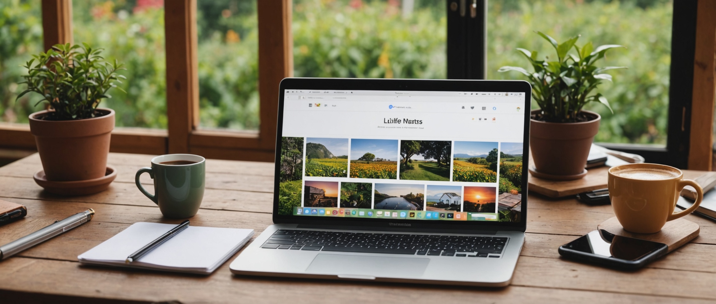 Ноутбук на столе с открытой веб-страницей "Lilife Narts", окружён природным пейзажем, чашка кофе и телефон.