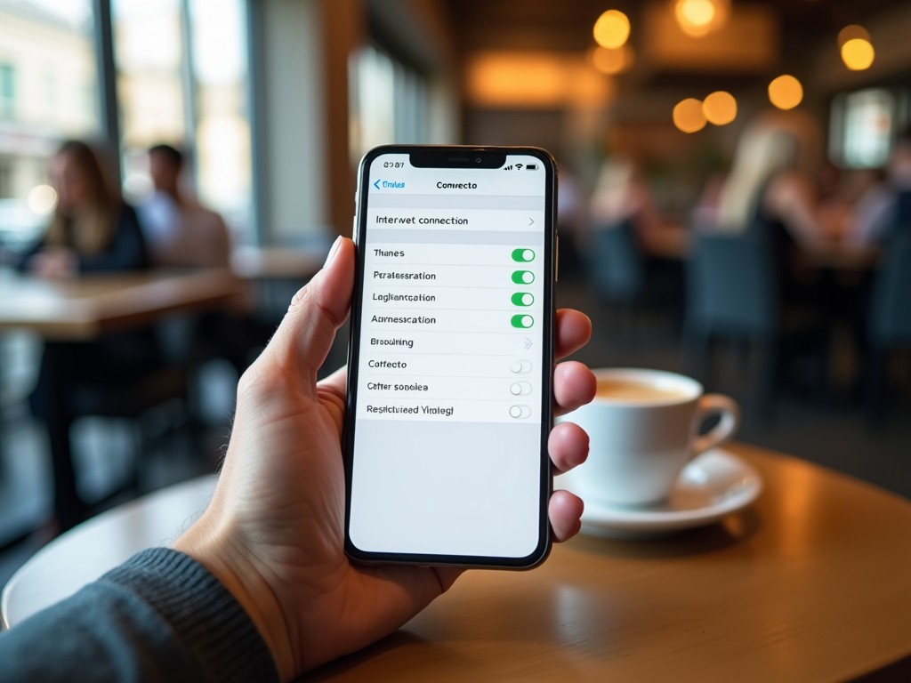 Рука держит смартфон с открытыми настройками интернета в кафе.