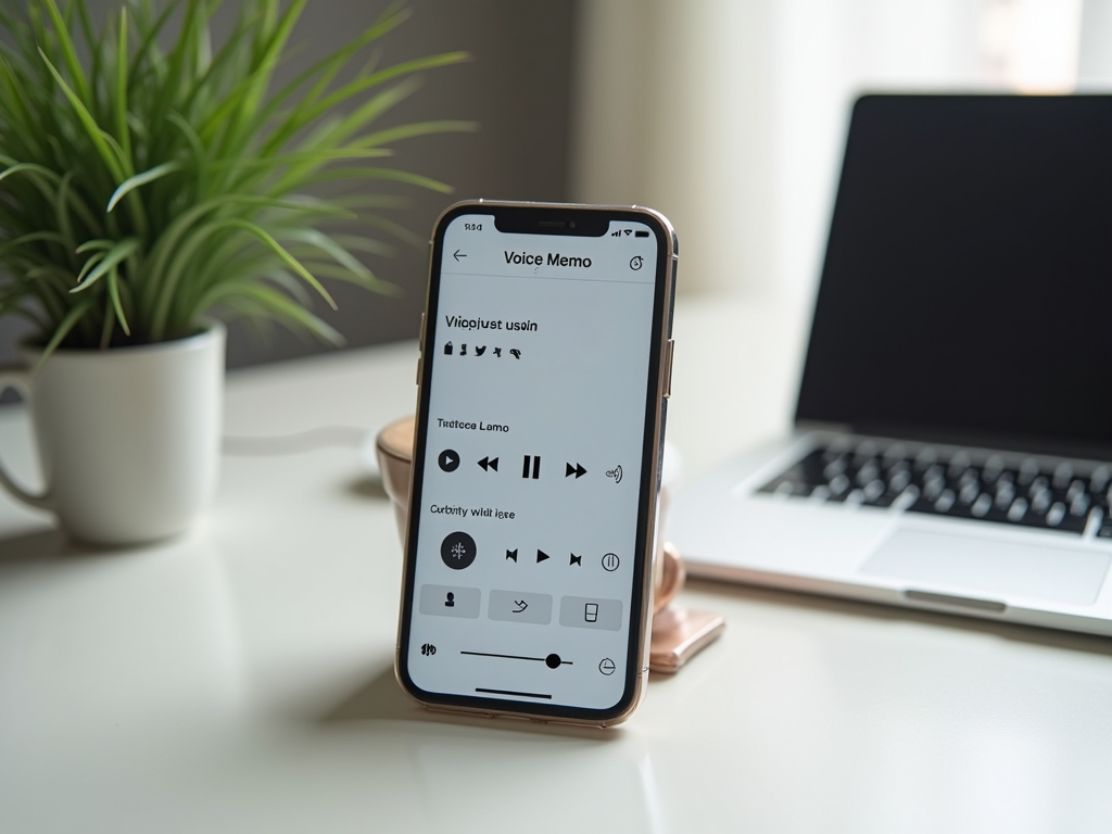 Смартфон с открытым приложением для записи голоса возле ноутбука и комнатным растением.