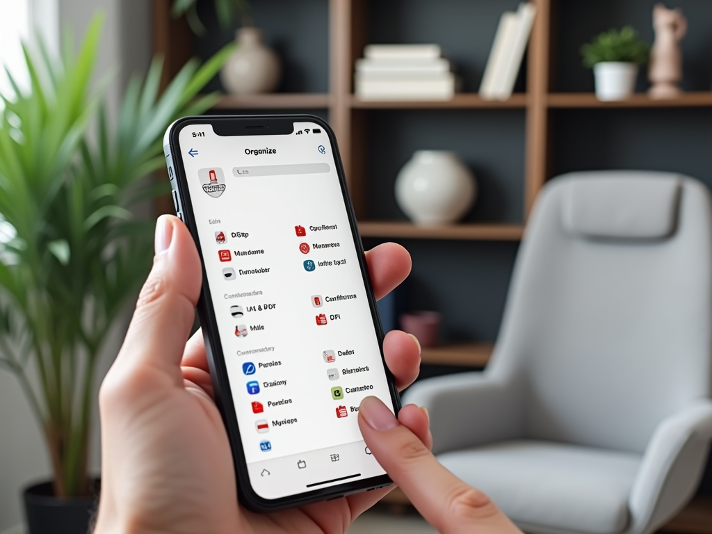 Смартфон в руке, на экране открыто приложение с органайзером на фоне уютной комнаты.