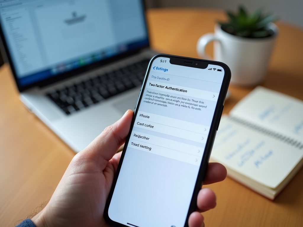 Двухфакторная идентификация на смартфоне, ноутбук и комнатное растение в фоне.