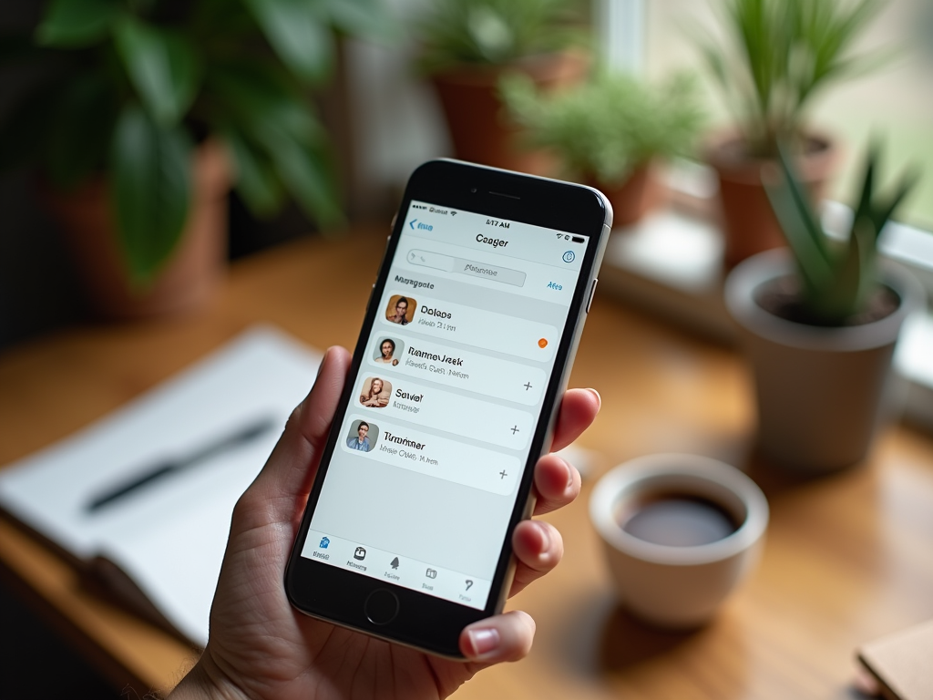 Рука держит смартфон с открытым списком контактов на экране, рядом стаканчик кофе и комнатные растения.