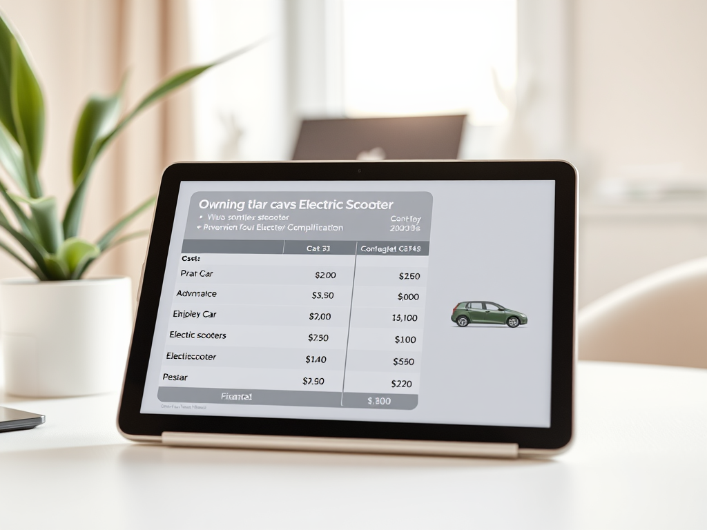 На изображении планшет с таблицей расходов на электросамокаты и автомобили. Цены указаны в долларах.